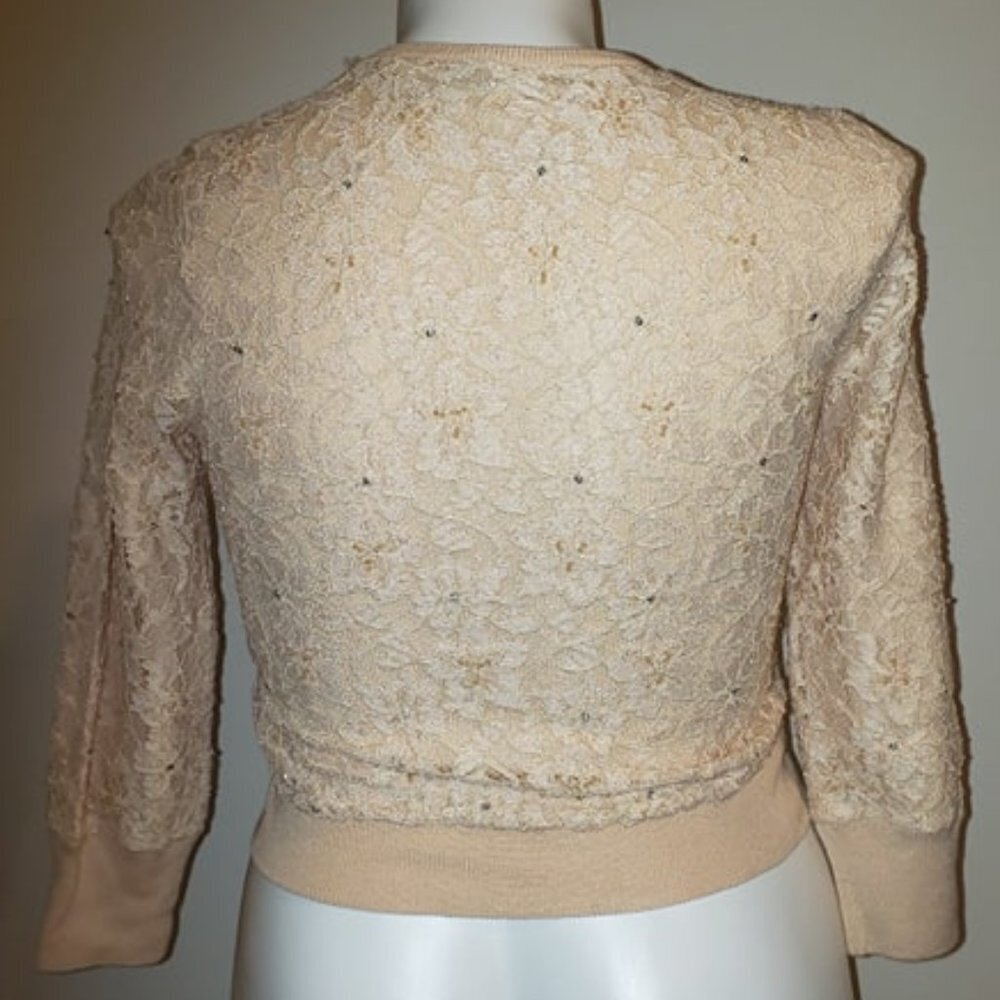 The Limited Lace Cardigan in Champagne Beige with Beads, Pearls, & Rhinestones - Picture 4 of 7